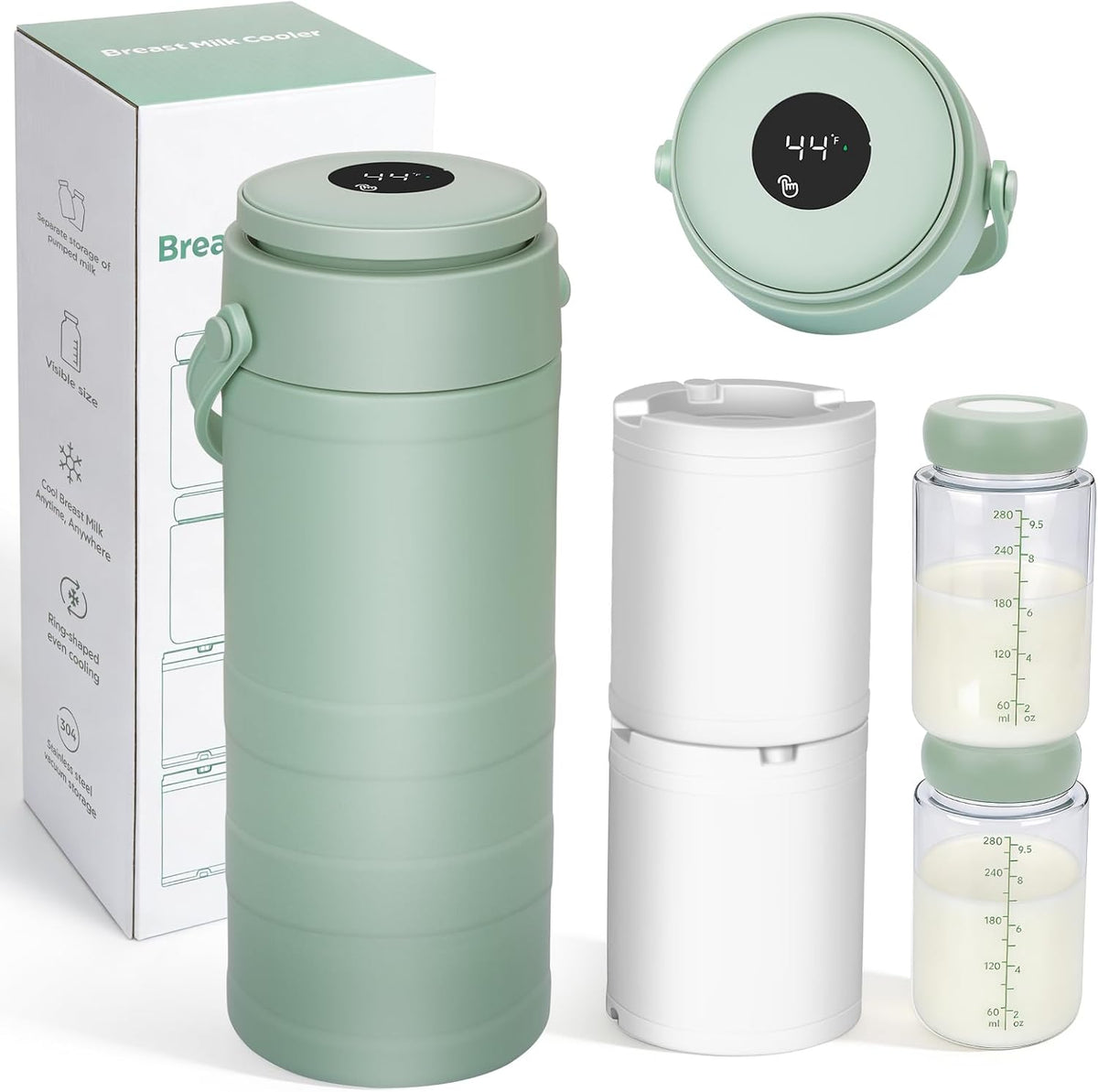 Portable Breast Milk Cooler for Outdoors & Work, 360° Total Cooling Keeps Milk Fresh for 24 Hours, 19Oz Large Capacity Travel Breastmilk Chiller with Temp Display & 2Pcs Bottle for Breastmilk Storage