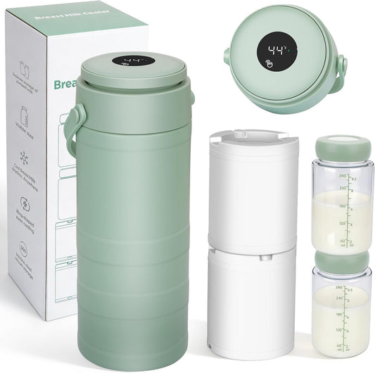 Portable Breast Milk Cooler for Outdoors & Work, 360° Total Cooling Keeps Milk Fresh for 24 Hours, 19Oz Large Capacity Travel Breastmilk Chiller with Temp Display & 2Pcs Bottle for Breastmilk Storage