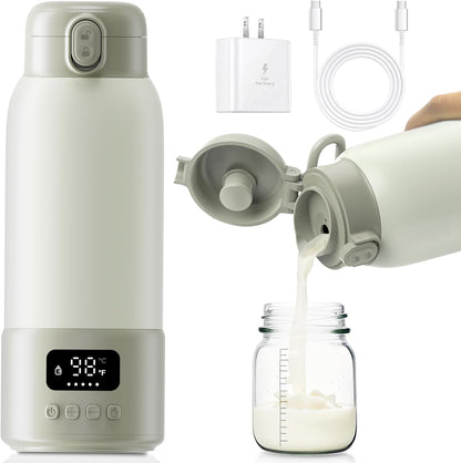 Portable Bottle Warmer, 17Oz Large Capacity Milk Warmer for Baby, Fast Heating for Breast Milk & Formula & Water, Long Battery Life Portable Milk Warmer for Travel with Pasteurization, Green