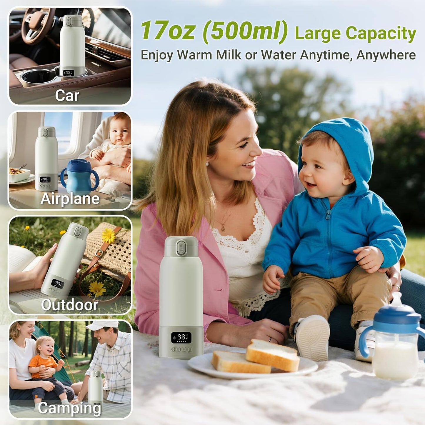 Portable Bottle Warmer, 17Oz Large Capacity Milk Warmer for Baby, Fast Heating for Breast Milk & Formula & Water, Long Battery Life Portable Milk Warmer for Travel with Pasteurization, Green