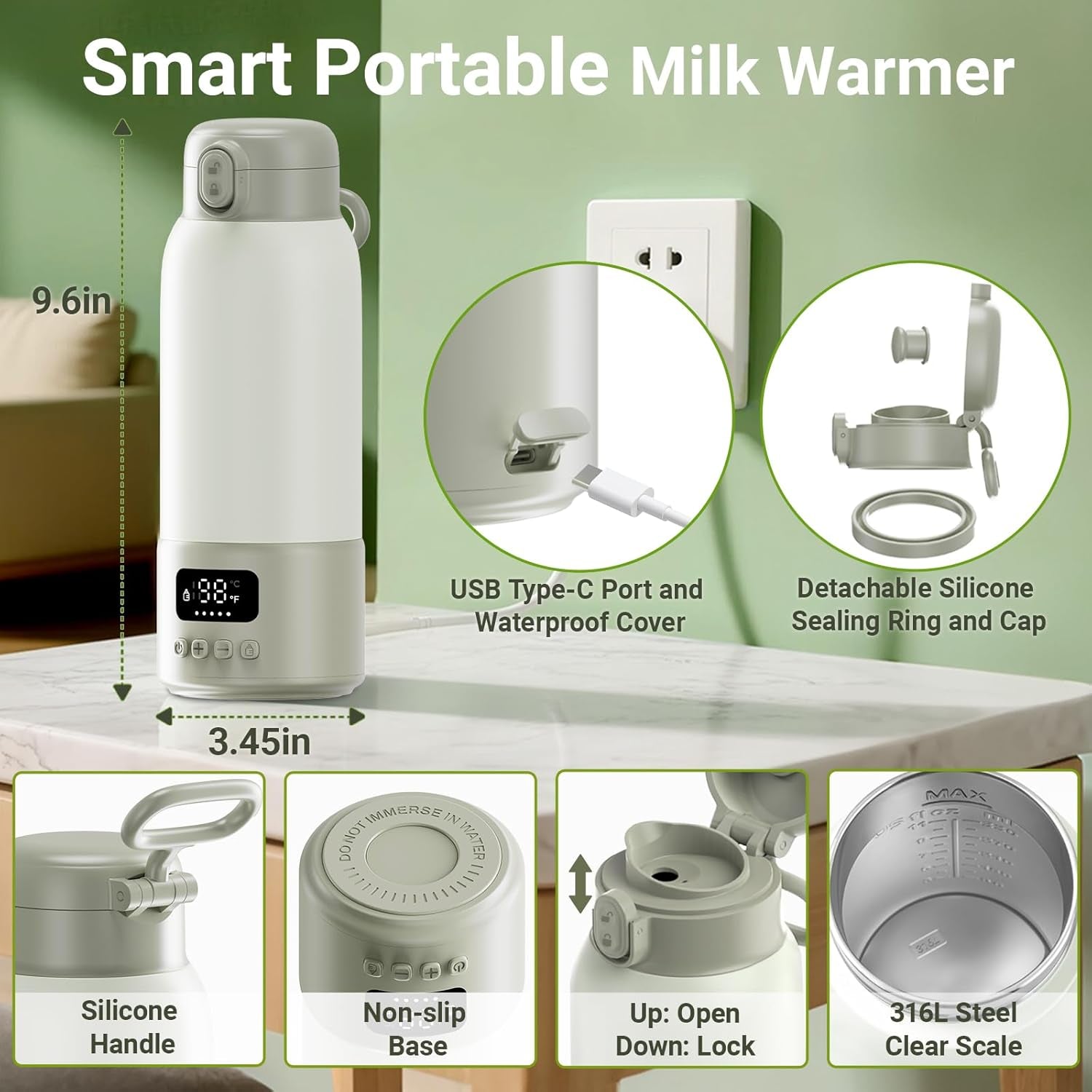 Portable Bottle Warmer, 17Oz Large Capacity Milk Warmer for Baby, Fast Heating for Breast Milk & Formula & Water, Long Battery Life Portable Milk Warmer for Travel with Pasteurization, Green